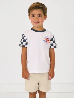 Little Sleepies Lightning McQueen Car Checkered Sleeve Kids Tee
